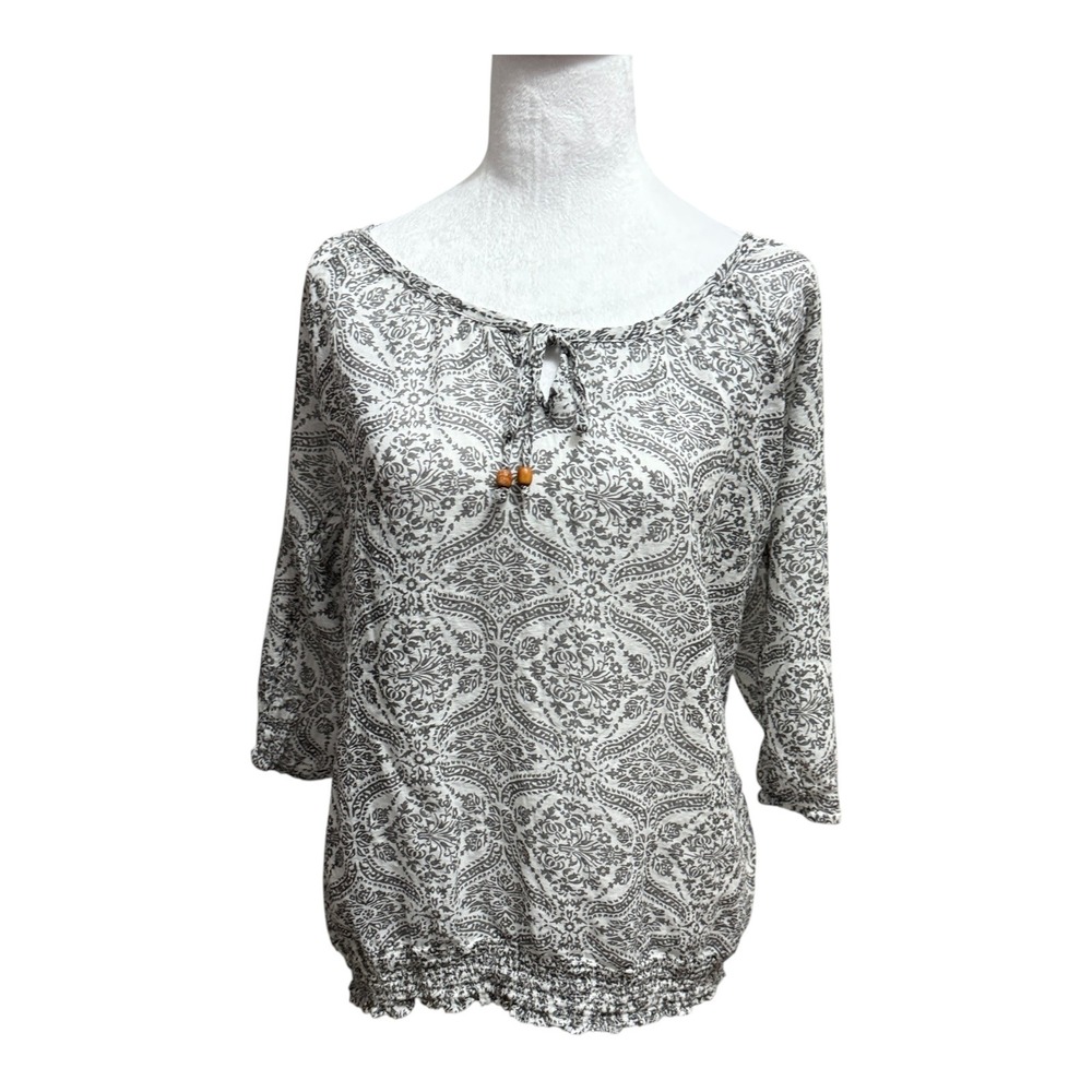 Roxy Top Womens Small Boho Paisley Print Tie Neck Lightweight Blouse Smocked